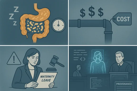 A four-panel illustration on digestive health, rising costs, maternity leave, and digital provenance in court.