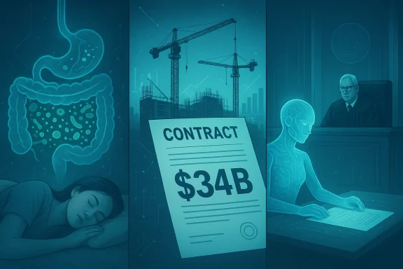A surreal scene centered on a $34B contract with a sleeping patient, construction cranes, and a judge.
