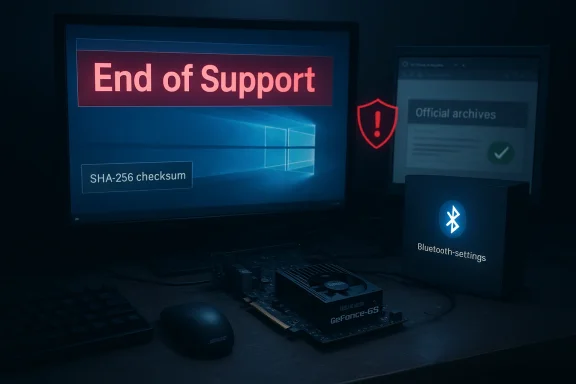 A dark workstation shows an 'End of Support' warning on screen, with a Bluetooth settings box beside.