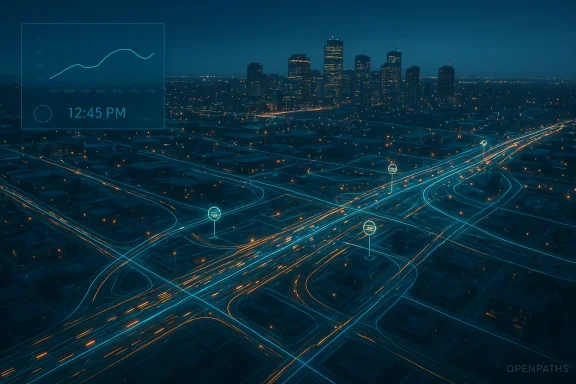 Night cityscape with glowing highway light trails and a translucent analytics dashboard overlay.