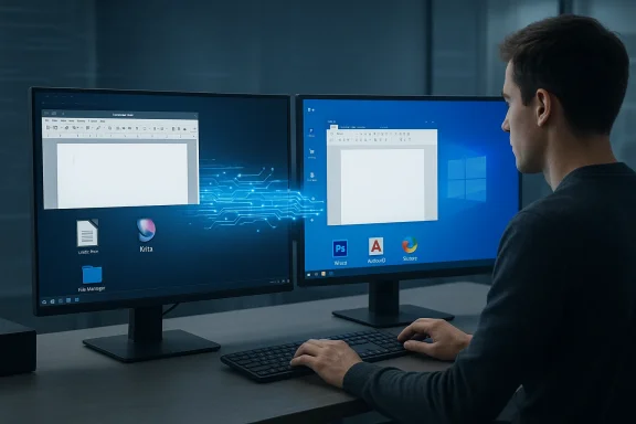 A person works at a dual-monitor setup with glowing data lines connecting the screens.