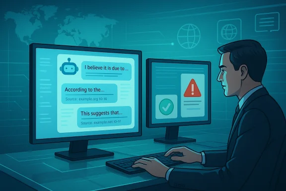 A professional analyzes data on dual monitors, reviewing sources and a warning icon.
