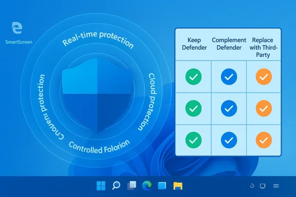 Windows security UI showing real-time protection shield and a status grid.