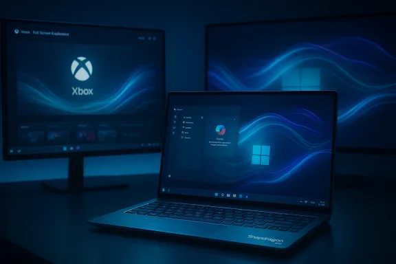 A Snapdragon-powered laptop running Windows 11, with blue wave wallpapers across multiple screens.