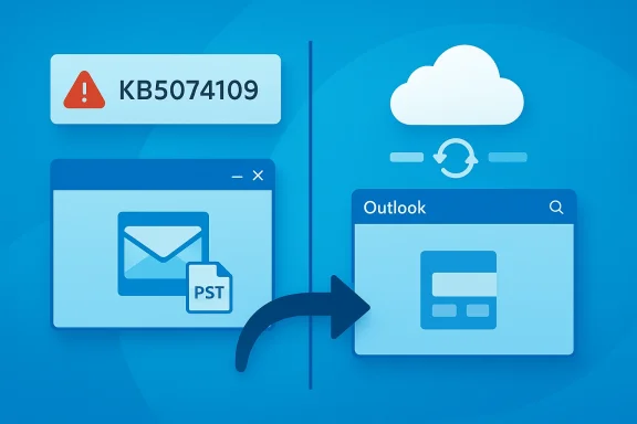 Left: PST email with error KB5074109; right: Outlook cloud sync illustrating migration.