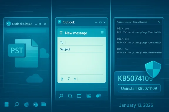 Blue-toned collage of Outlook screens: a new message draft and a system uninstall prompt.