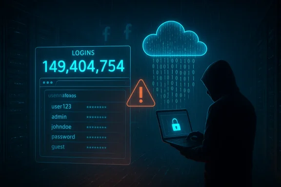 A hooded hacker uses a laptop in a dark data center, with a glowing cloud, login panel, and a warning sign.