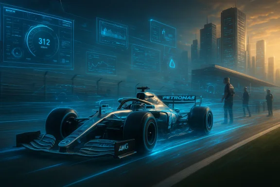 A Mercedes AMG Petronas F1 car on a track, with neon blue holographic HUDs and a futuristic city skyline.