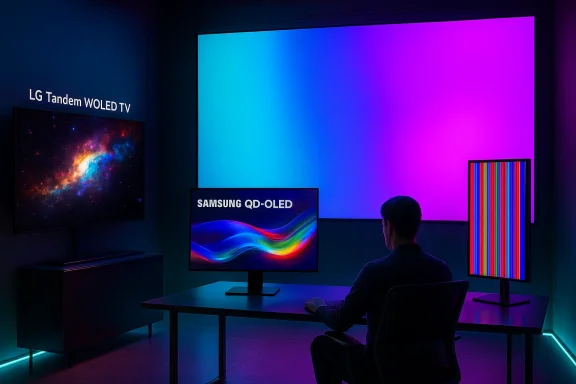 Dim showroom scene with LG WOLED and Samsung QD-OLED displays showing vibrant colors.