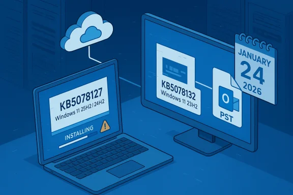 Blue illustration of a laptop and monitor showing Windows updates (KB5078127/KB5078132) and Jan 24, 2026.