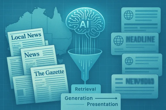 AI-powered news funnel collecting sources and presenting headlines.