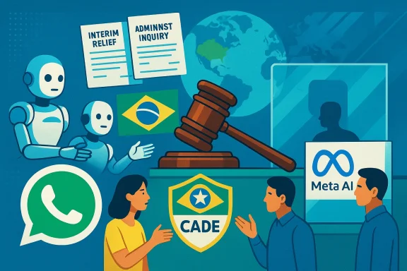 Global AI governance scene with robots, Brazil's CADE, WhatsApp, Meta AI, and a gavel.