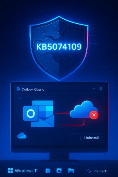 Neon blue shield with cracks and the code KB5074109 over a Windows 11 screen showing an Outlook uninstall prompt.