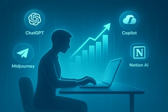 Person at a laptop surrounded by AI icons (ChatGPT, Copilot, Notion AI, Midjourney) and a rising chart.