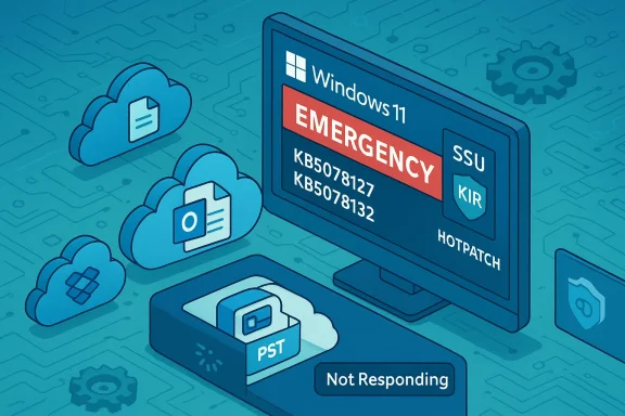 Illustration of Windows 11 Emergency screen with cloud icons and Not Responding status.