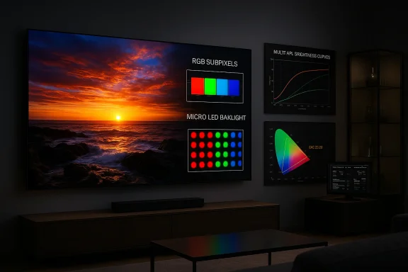 A dark, modern living room with a large screen displaying a sunset over the sea and RGB subpixels.