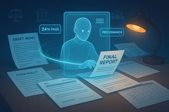 A holographic analyst reviews contracts and a final report on a blue-lit desk.