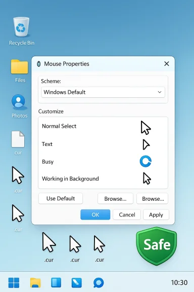 Desktop shows a Mouse Properties dialog (Windows Default) with large cursor icons.