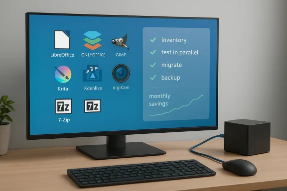 A clean desk setup featuring a monitor with software icons on the left and a blue task checklist on the right.