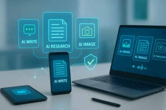 Holographic AI tools for writing, research, and image generation across devices.