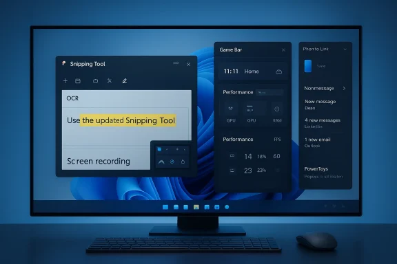 Windows desktop with floating UI panels (Snipping Tool, Game Bar, and messages) on a blue screen.