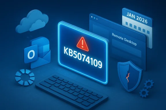 Blue 3D cyber-security scene featuring a KB5074109 warning, shield, cloud, and remote desktop icons.