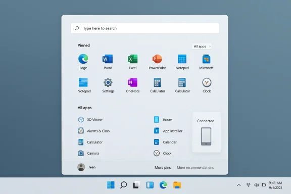 Windows 11 Start Menu with pinned apps on a blue background.