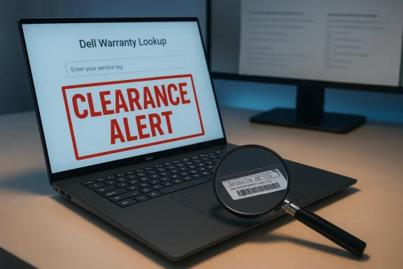 Laptop shows a CLEARANCE ALERT on screen with a magnifying glass over a barcode.