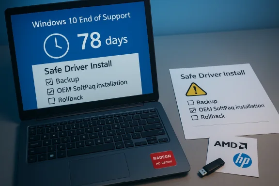 Laptop screen shows Windows 10 End of Support in 78 days with a Safe Driver Install checklist.