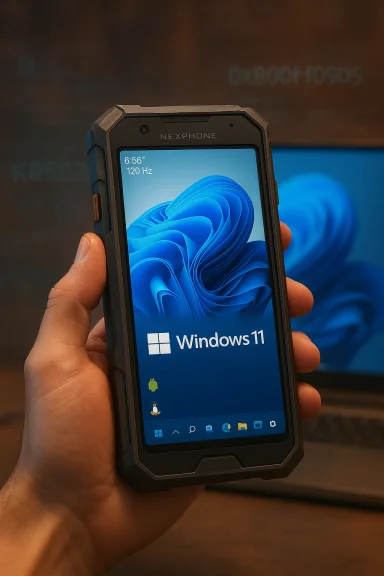 A rugged Nexphone smartphone running Windows 11.