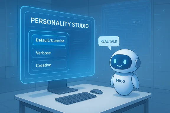 Mico the robot stands at a desk beside a 'PERSONALITY STUDIO' monitor, saying 'REAL TALK'.