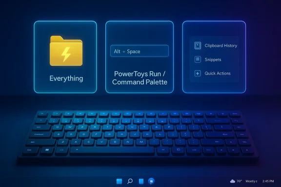 Neon blue UI panels float above a backlit keyboard, showcasing PowerToys tools like Everything and Run/Palette.