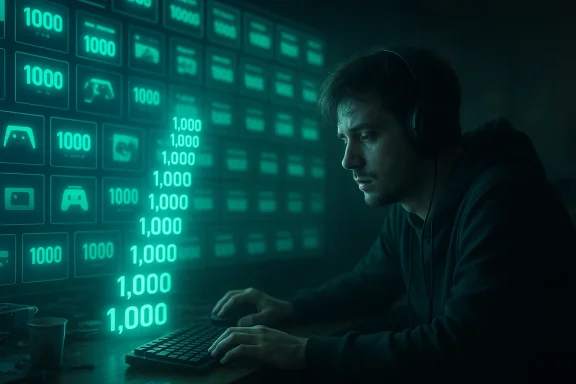 A man with headphones types at a keyboard, surrounded by glowing teal holographic 1000s and icons.
