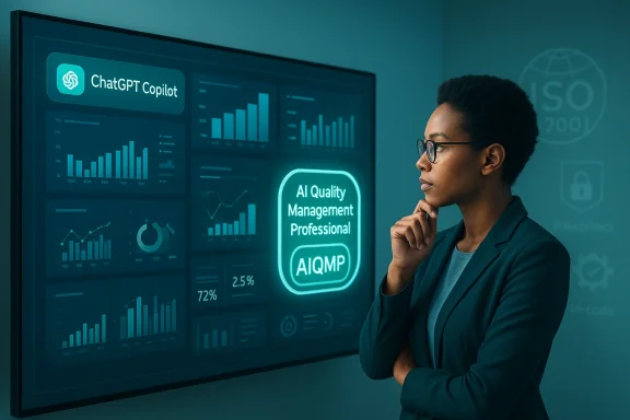 A professional woman studies AI quality management dashboards on a futuristic screen.