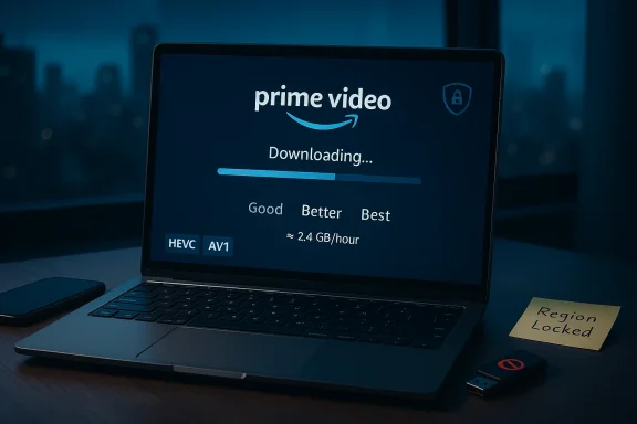 Laptop screen shows Prime Video downloading, with a 'Region Locked' note on the desk. Laptop screen shows Prime Video downloading, with a 'Region Locked' note on the desk.