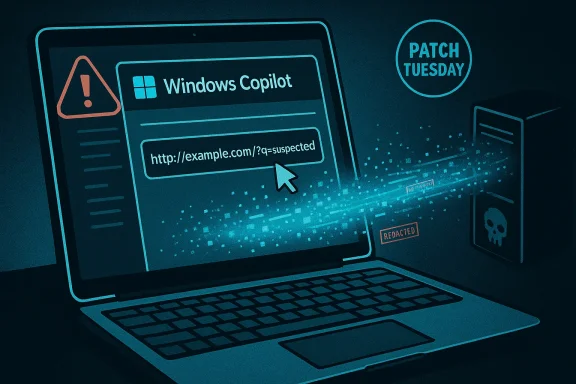 Windows Copilot shows a suspected URL warning on a laptop, with Patch Tuesday cybersecurity imagery. Windows Copilot shows a suspected URL warning on a laptop, with Patch Tuesday cybersecurity imagery.