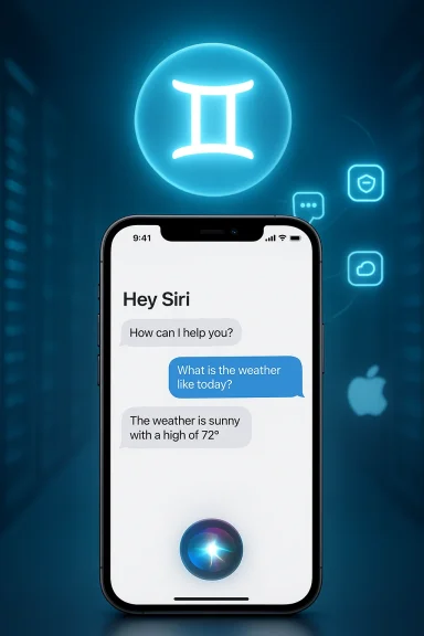 An iPhone shows Siri chatting about the weather, under a glowing Gemini symbol in a neon blue tech backdrop.
