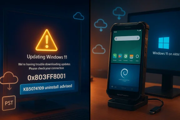 Split-screen scene showing a Windows 11 update error on a monitor and a handheld device running Windows 11 on ARM.