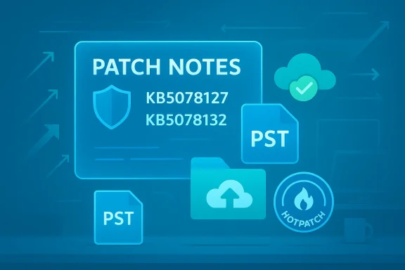 Patch notes for KB5078127 and KB5078132 with PST files, cloud icon, and hotpatch badge.