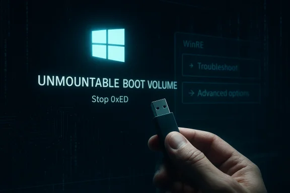 A hand holds a USB drive in front of a Windows error screen reading 'Unmountable Boot Volume'. A hand holds a USB drive in front of a Windows error screen reading 'Unmountable Boot Volume'.