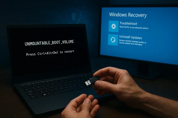 A person inserts a USB drive while Windows Recovery shows an Unmountable Boot Volume error.