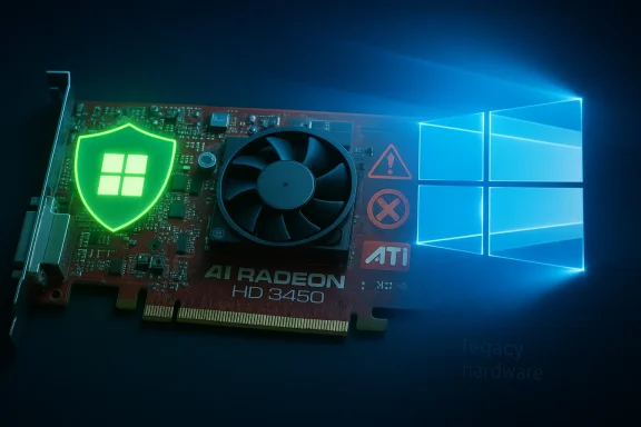 A Radeon HD 3450 GPU glows with a neon green shield emblem against a Windows wallpaper.