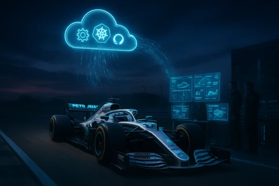 Nighttime F1 car on track with a glowing blue cloud computing hologram and data panels.