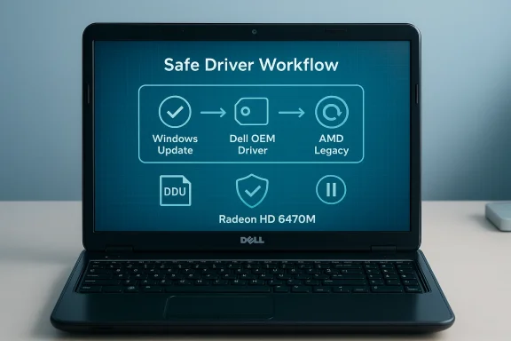 Dell laptop displays blueprint of the Safe Driver Workflow for Windows, Dell OEM, and AMD.
