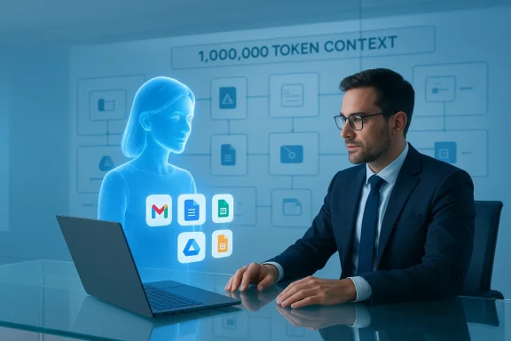 A businessman works with a blue holographic AI assistant projected beside his laptop.