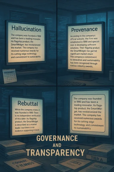 A blue-toned display of four screens labeled Hallucination, Provenance, Rebuttal, and Governance and Transparency.