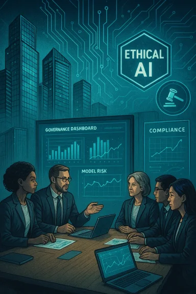 Diverse professionals discuss ethical AI governance and risk dashboards in a high-tech boardroom.