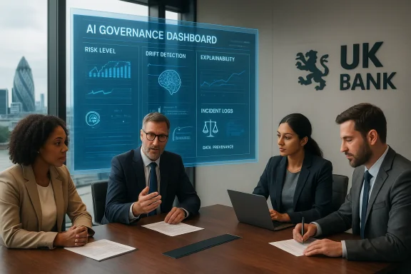 Four professionals review an AI governance dashboard in a UK Bank conference room.