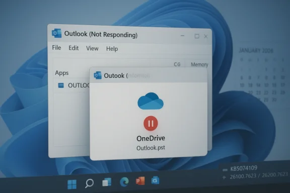 Outlook not responding window with a OneDrive popup showing Outlook.pst on a Windows desktop.