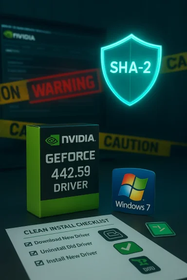 NVIDIA GeForce 442.59 driver box beside Windows 7 logo, under a glowing SHA-2 shield and caution tape.